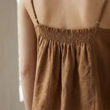 Beige 100% Cotton Spaghetti Strap Top with Elastic Gathered Back