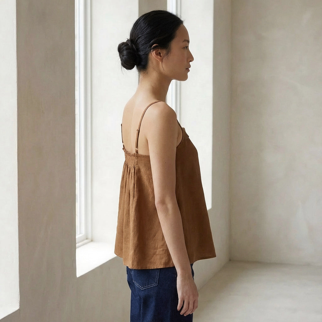Beige 100% Cotton Spaghetti Strap Top with Elastic Gathered Back