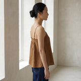 Beige 100% Cotton Spaghetti Strap Top with Elastic Gathered Back