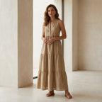Beige 100% Cotton V-Neck Maxi Tier Dress