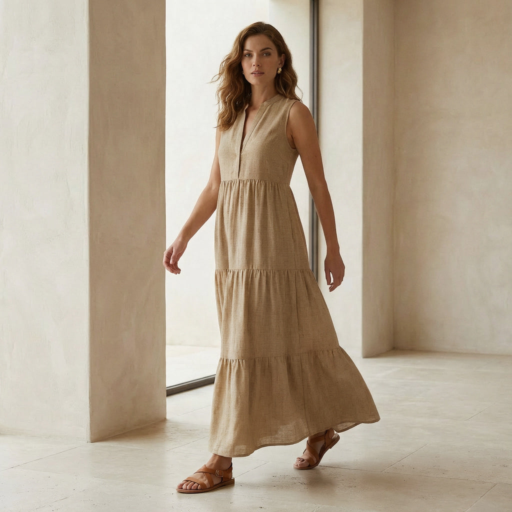 Beige 100% Cotton V-Neck Maxi Tier Dress