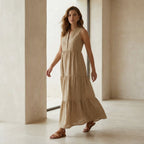 Beige 100% Cotton V-Neck Maxi Tier Dress
