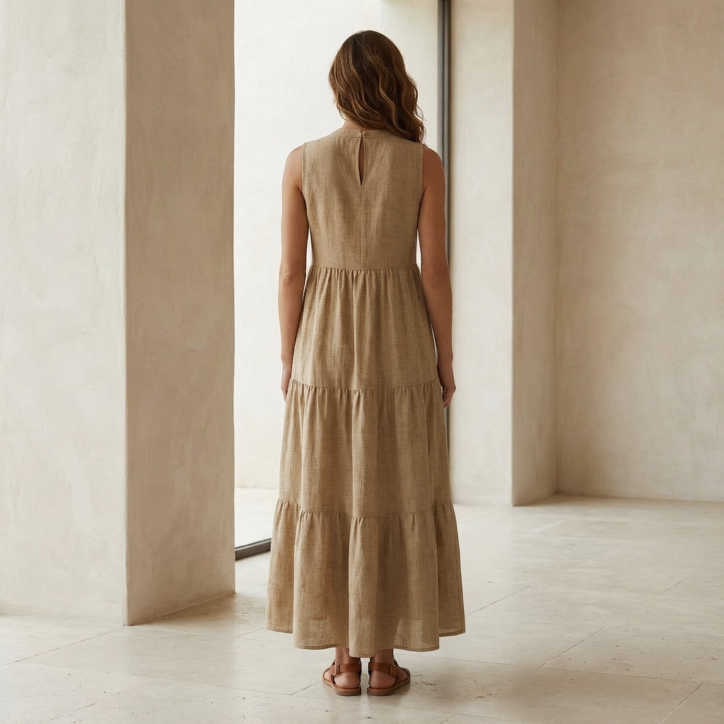 Beige 100% Cotton V-Neck Maxi Tier Dress