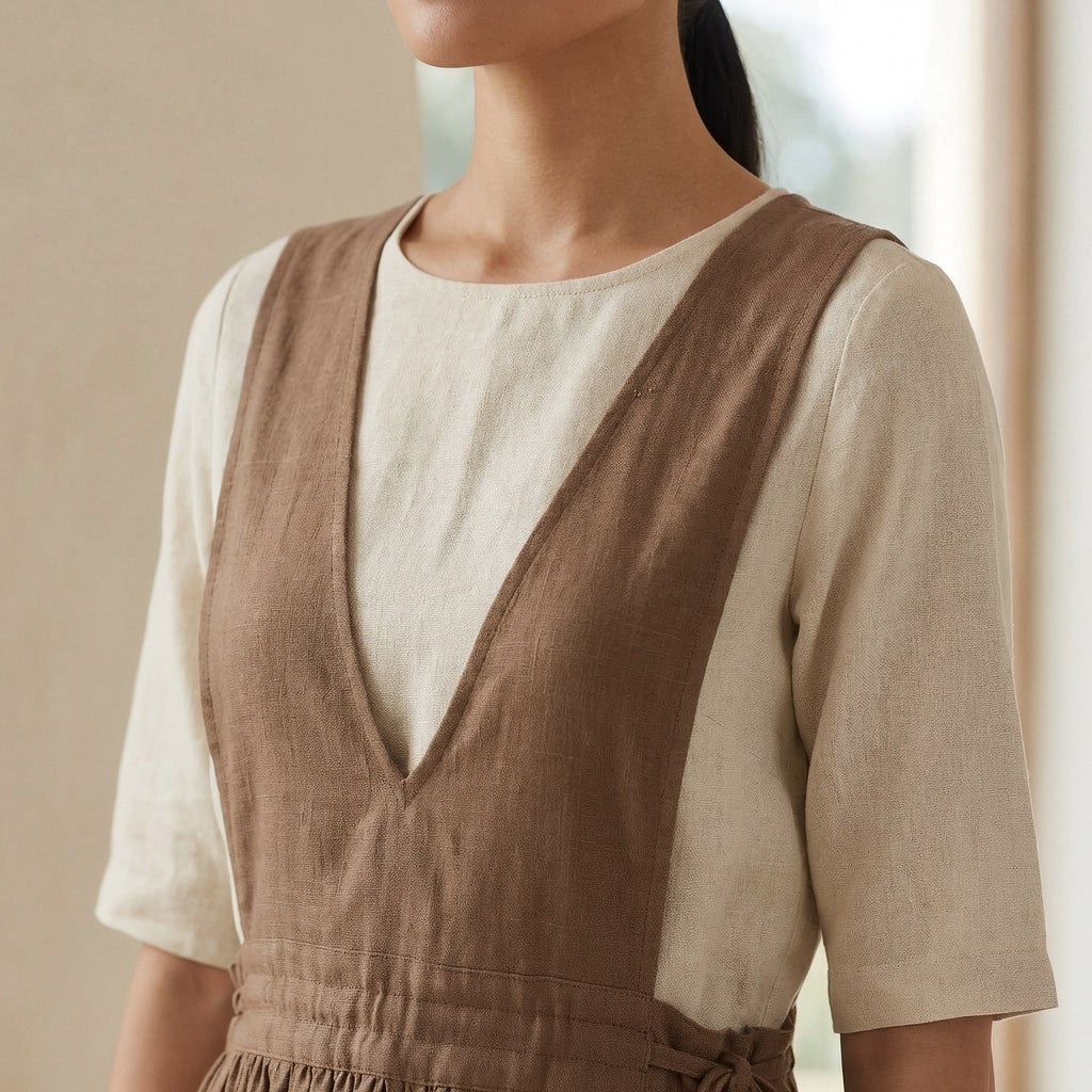Beige 100% Cotton V-Neck Pinafore Midi Wrap Dress