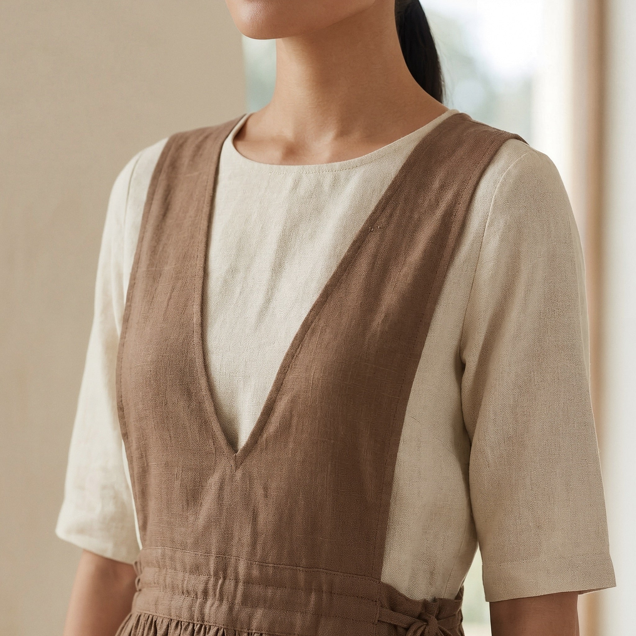 Beige 100% Cotton V-Neck Pinafore Midi Wrap Dress
