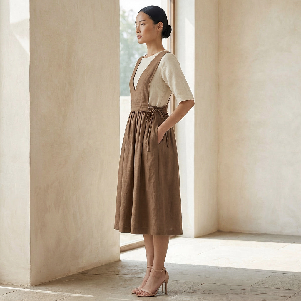 Beige 100% Cotton V-Neck Pinafore Midi Wrap Dress