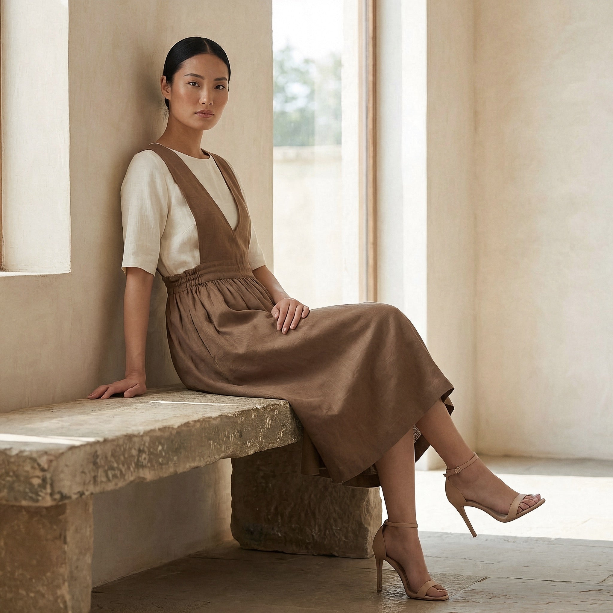 Beige 100% Cotton V-Neck Pinafore Midi Wrap Dress