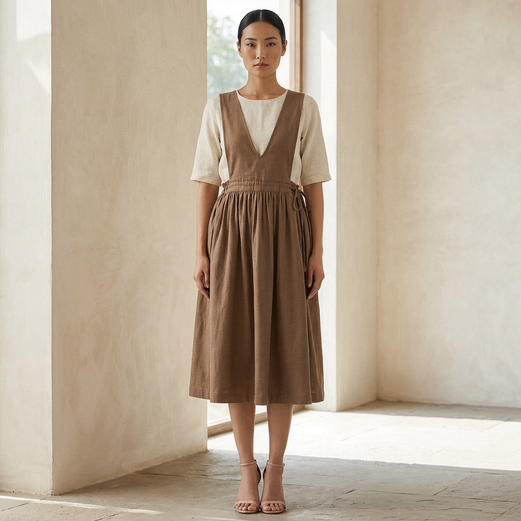 Beige 100% Cotton V-Neck Pinafore Midi Wrap Dress