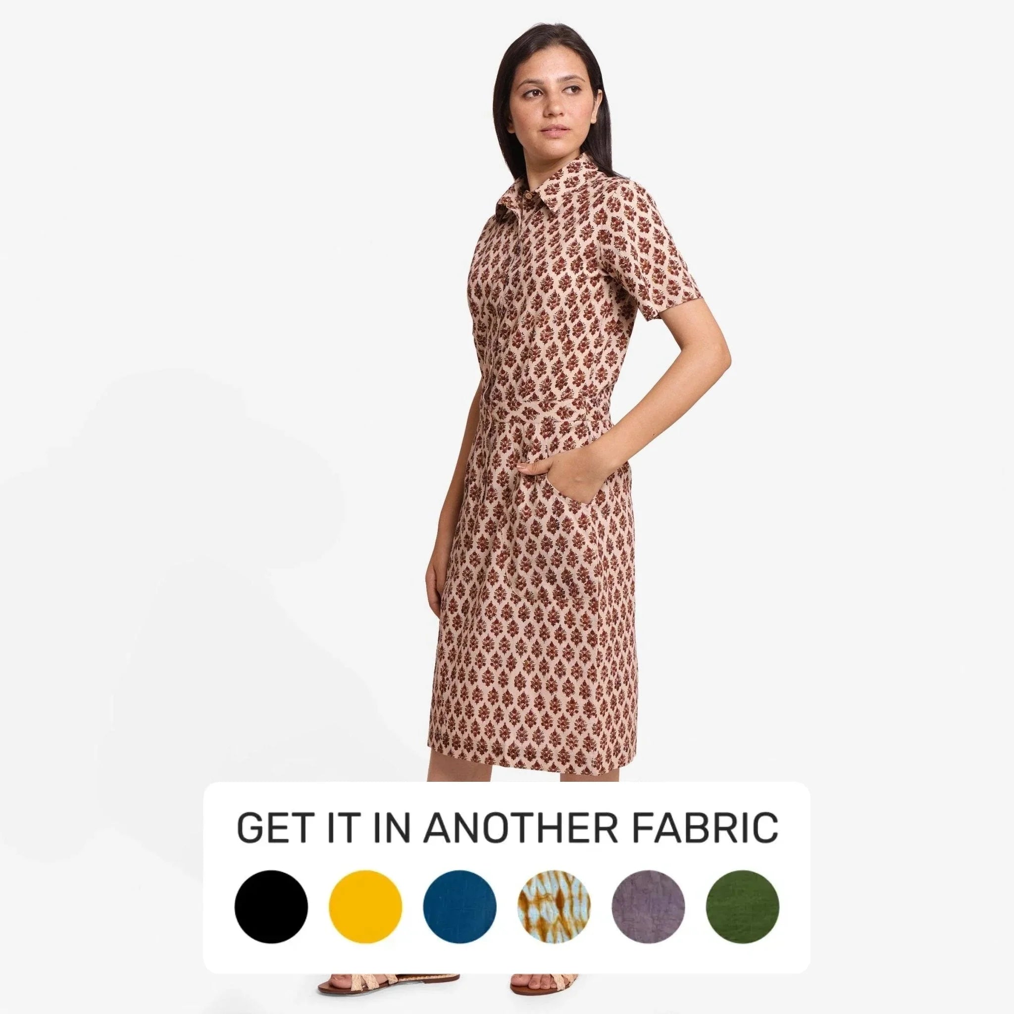 Left View of a Model wearing Beige Block Printed Cotton Midi Shift Dress