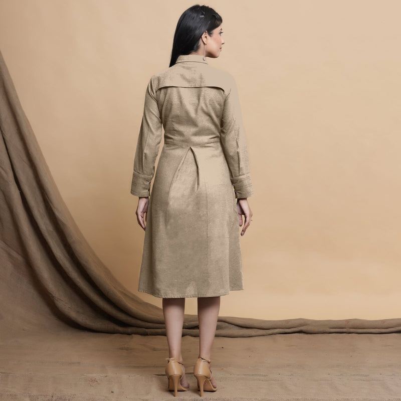 Back View of a Model wearing Beige Button Down Cotton Flax Knee Length Formal Dress