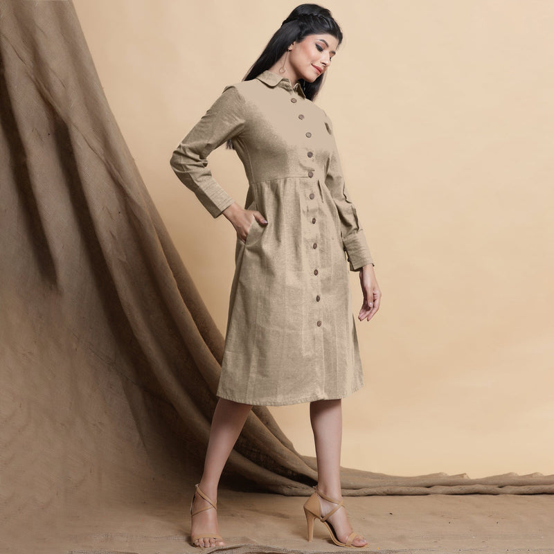 Right View of a Model wearing Beige Button Down Cotton Flax Knee Length Formal Dress