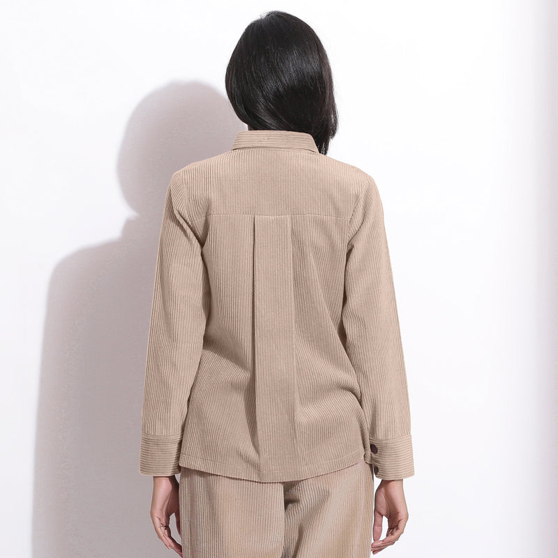 Back View of a Model wearing Beige Corduroy Button-Down Pocket Shirt