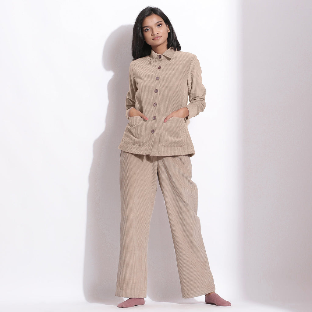 Front View of a Model wearing Beige Corduroy Button-Down Pocket Shirt