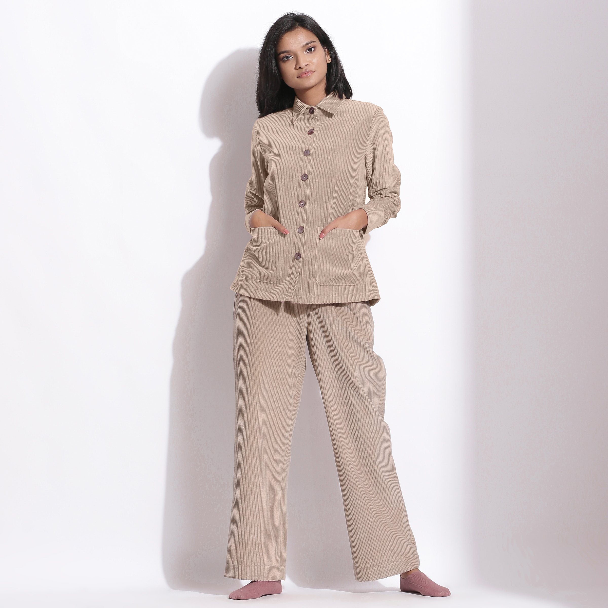 Front View of a Model wearing Beige Corduroy Button-Down Pocket Shirt