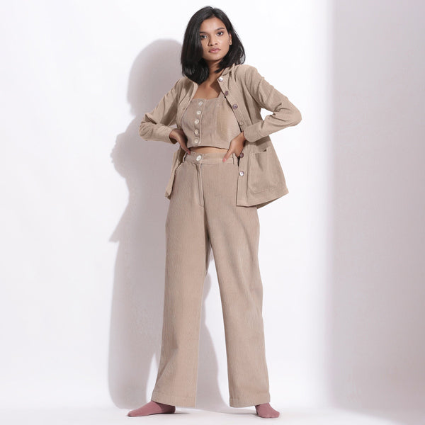 Front View of a Model wearing Beige Corduroy Button-Down Pocket Shirt