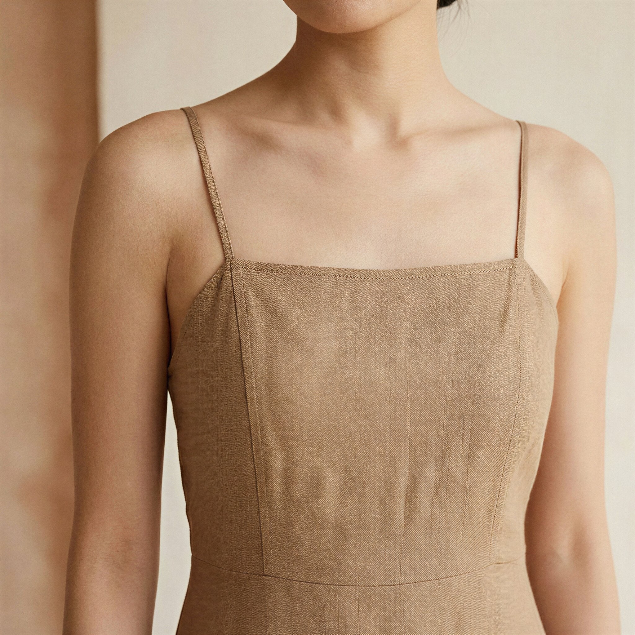 Beige Cotton Ankle Length Flared Sundress