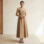 Beige Cotton Ankle Length Flared Sundress