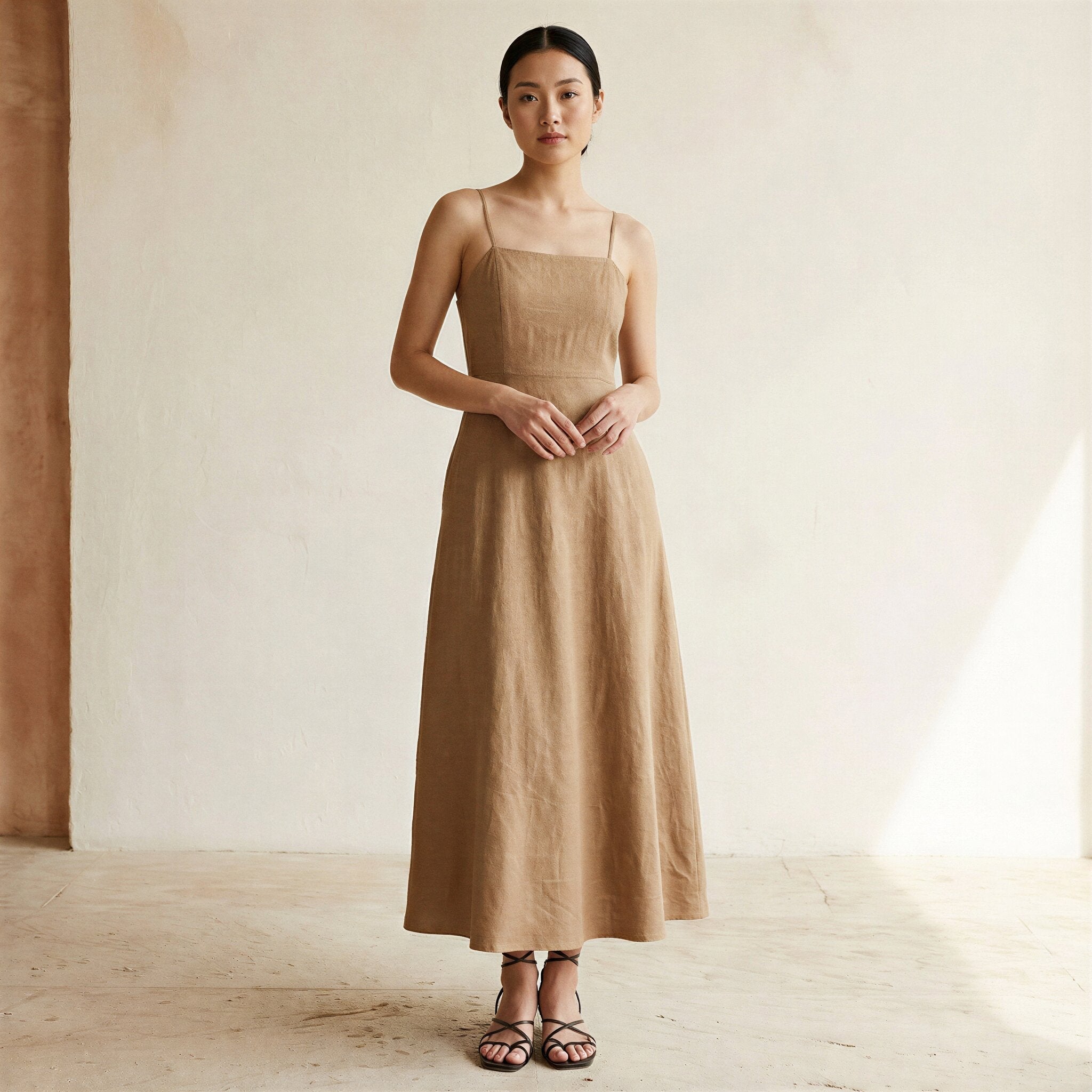Beige Cotton Ankle Length Flared Sundress