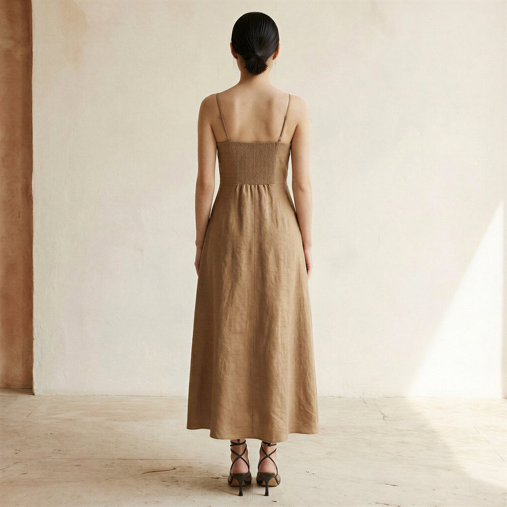 Beige Cotton Ankle Length Flared Sundress