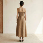 Beige Cotton Ankle Length Flared Sundress