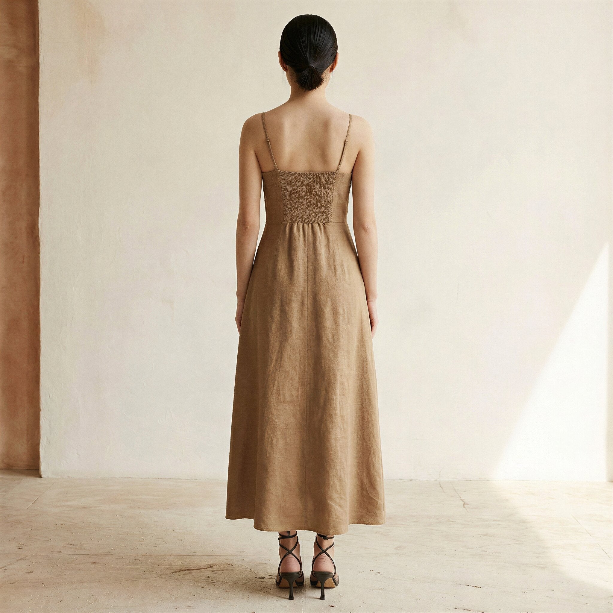 Beige Cotton Ankle Length Flared Sundress