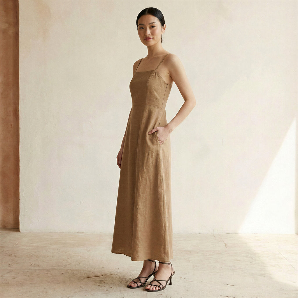 Beige Cotton Ankle Length Flared Sundress