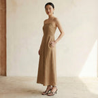 Beige Cotton Ankle Length Flared Sundress