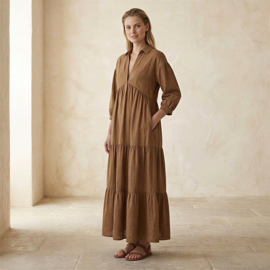 Beige Cotton Deep-V Maxi Tier Dress