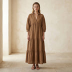 Beige Cotton Deep-V Maxi Tier Dress