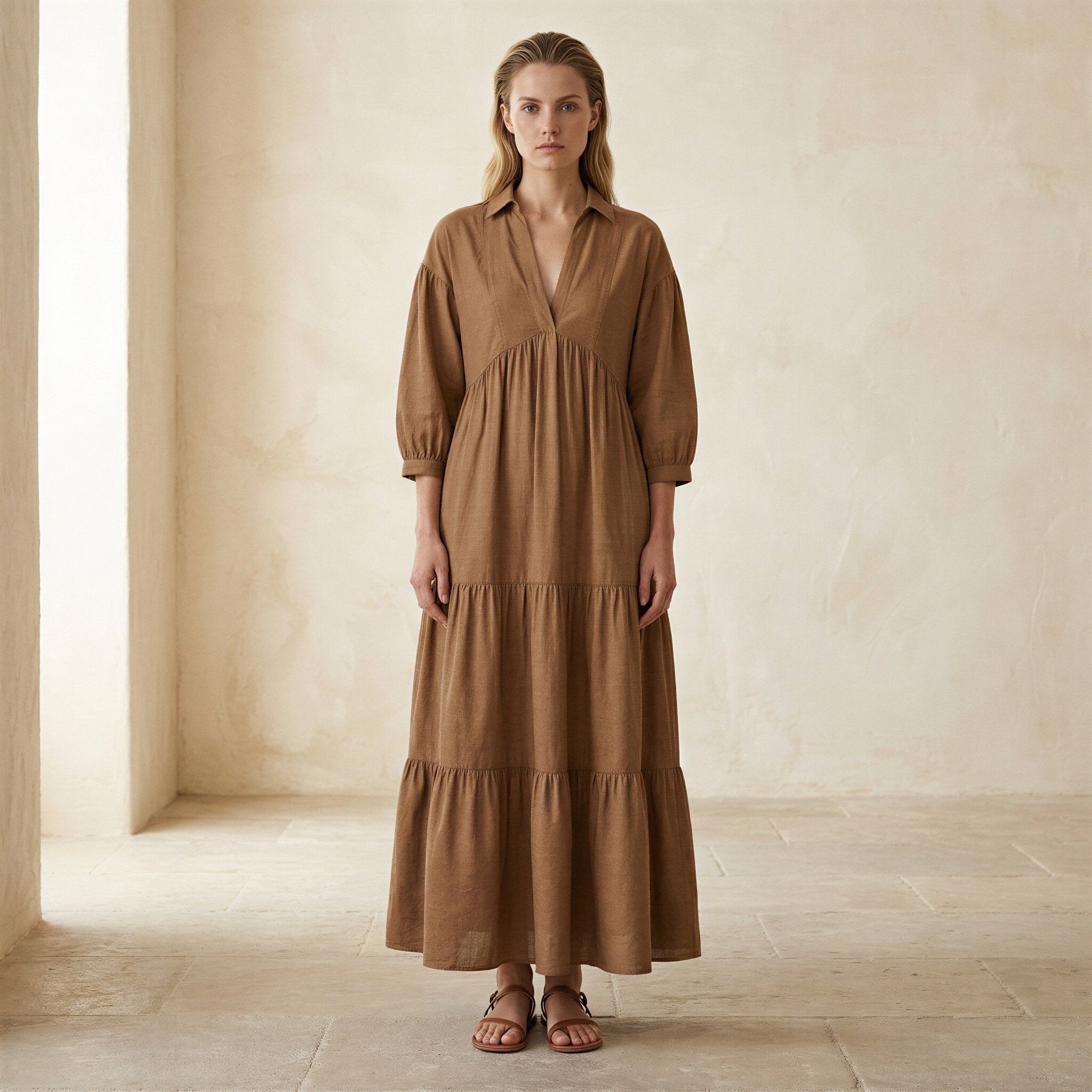 Beige Cotton Deep-V Maxi Tier Dress