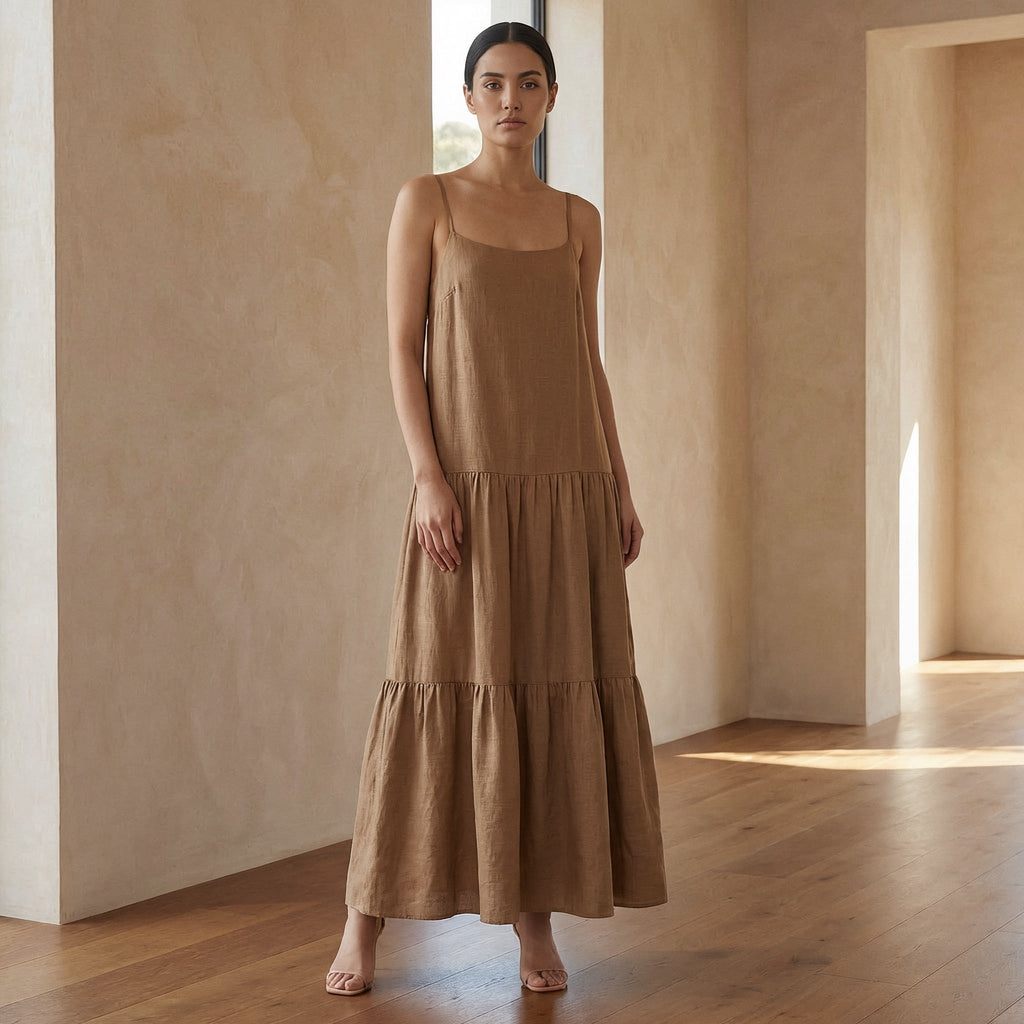 Beige Cotton Drop-Waist Camisole Maxi Tier Dress