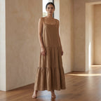 Beige Cotton Drop-Waist Camisole Maxi Tier Dress