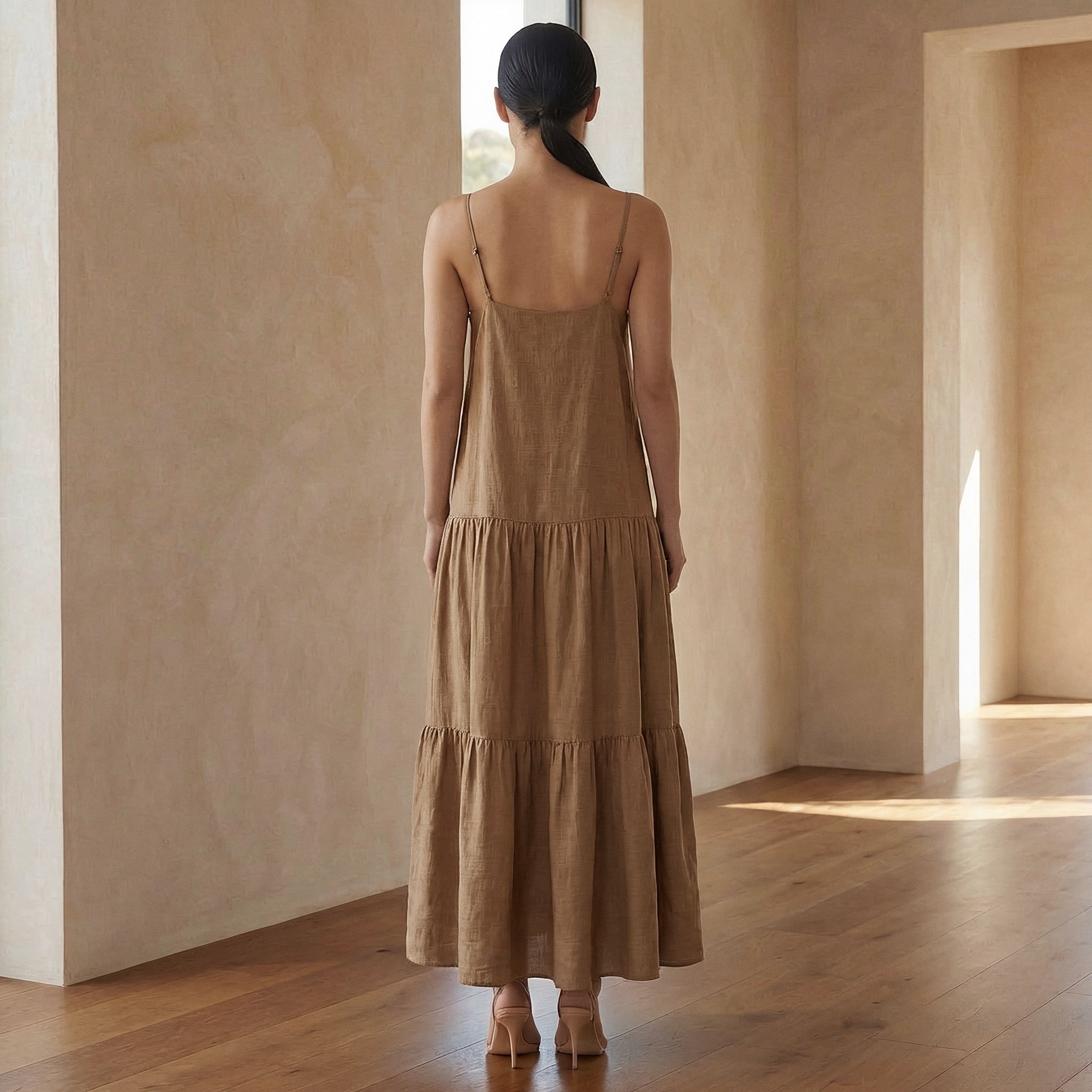 Beige Cotton Drop-Waist Camisole Maxi Tier Dress