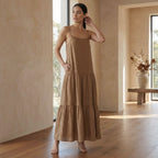 Beige Cotton Drop-Waist Camisole Maxi Tier Dress