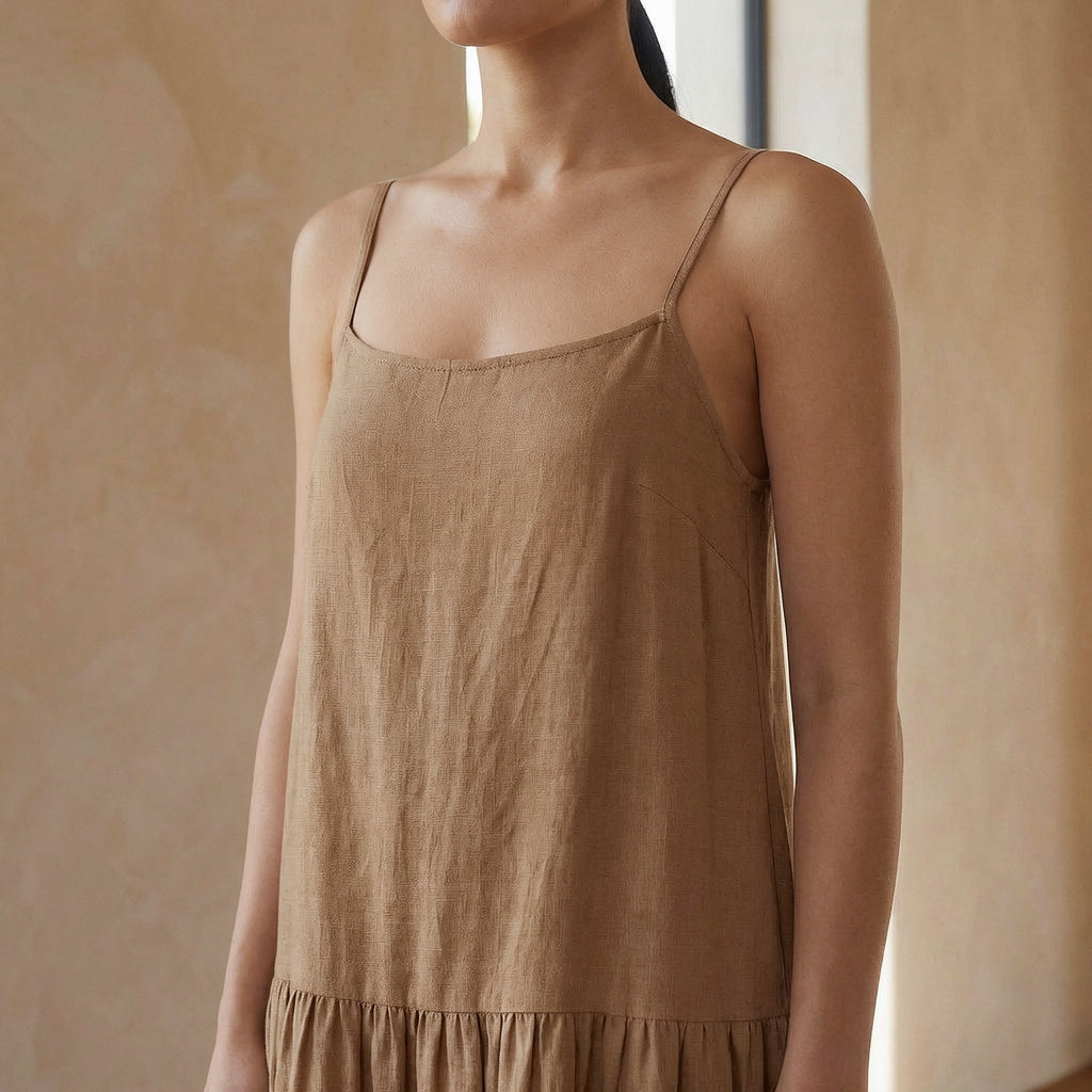 Beige Cotton Drop-Waist Camisole Maxi Tier Dress