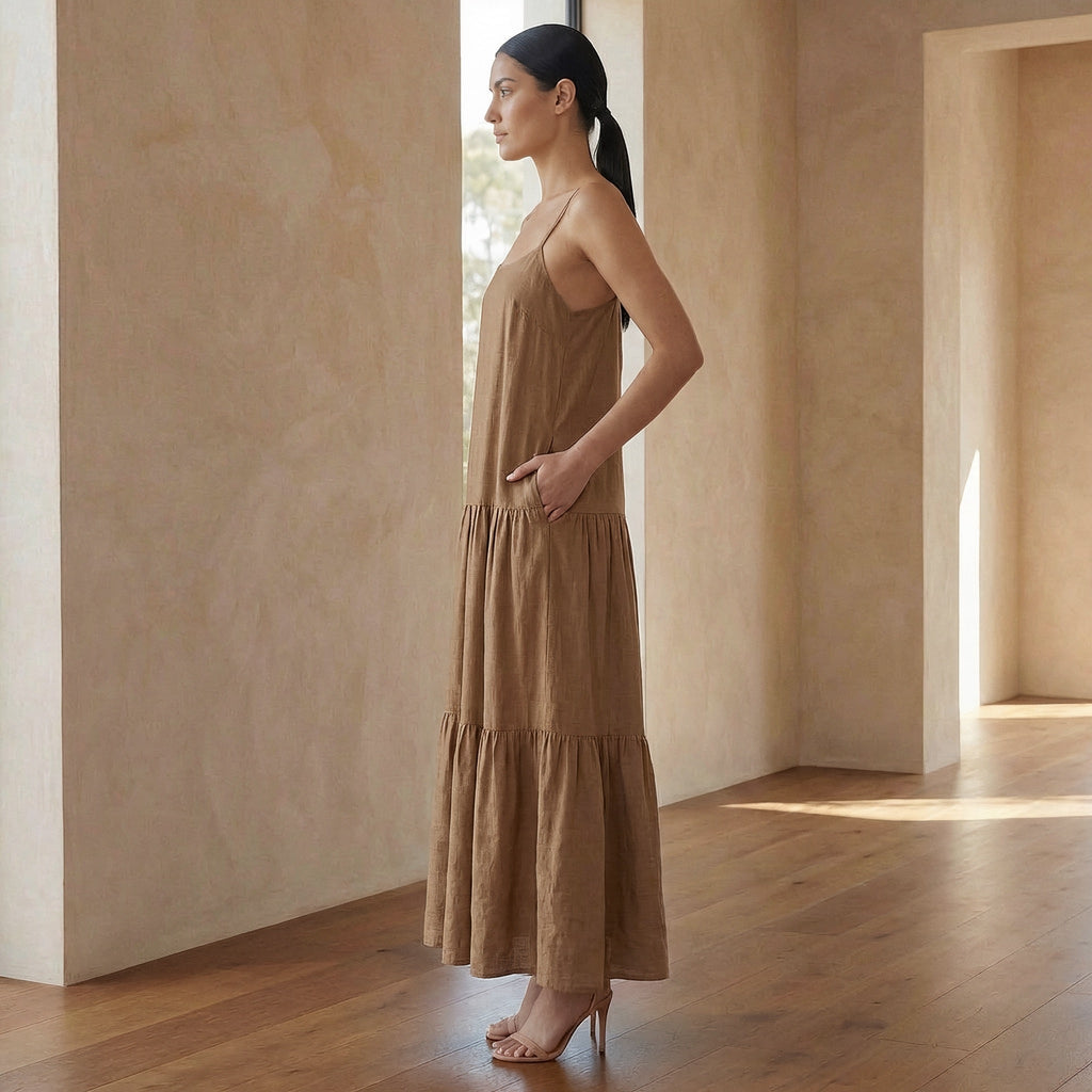 Beige Cotton Drop-Waist Camisole Maxi Tier Dress