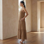 Beige Cotton Drop-Waist Camisole Maxi Tier Dress
