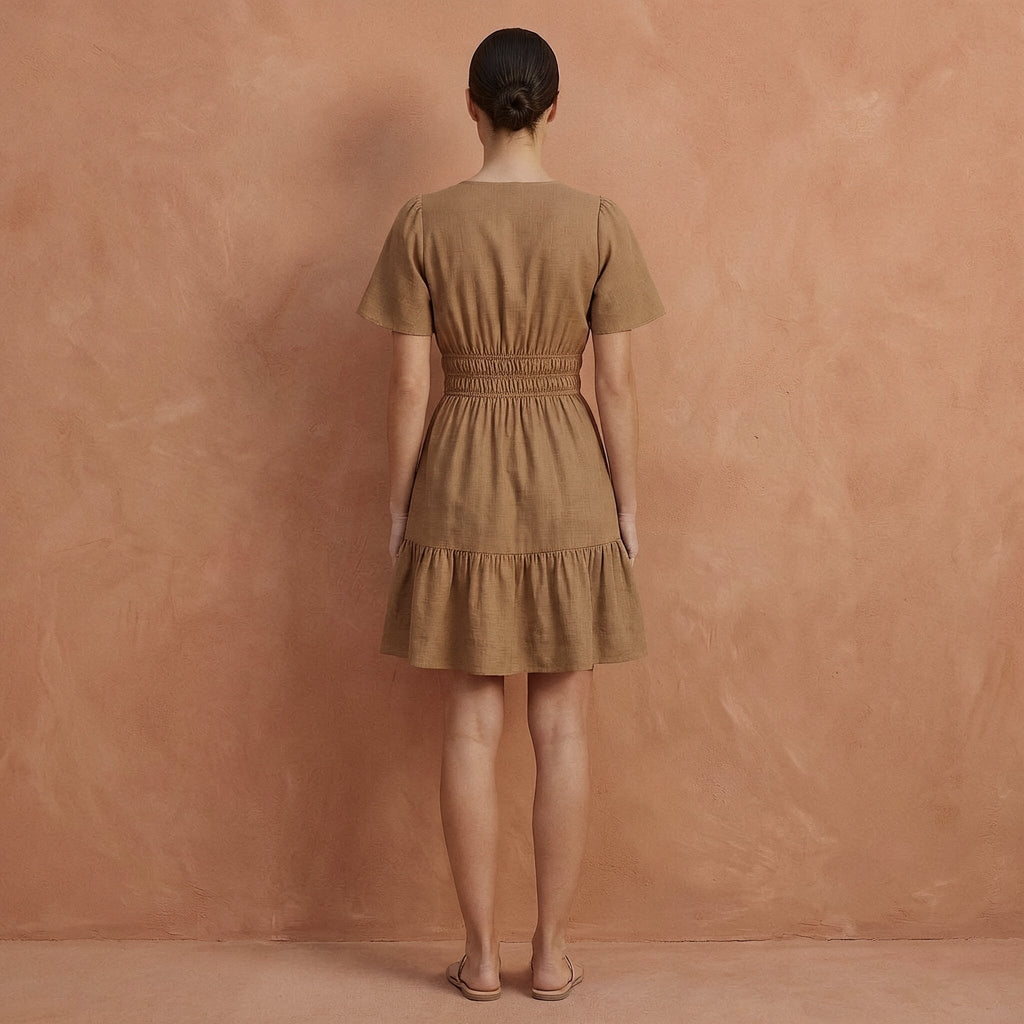 Beige Cotton Elasticated Short Tier Dress