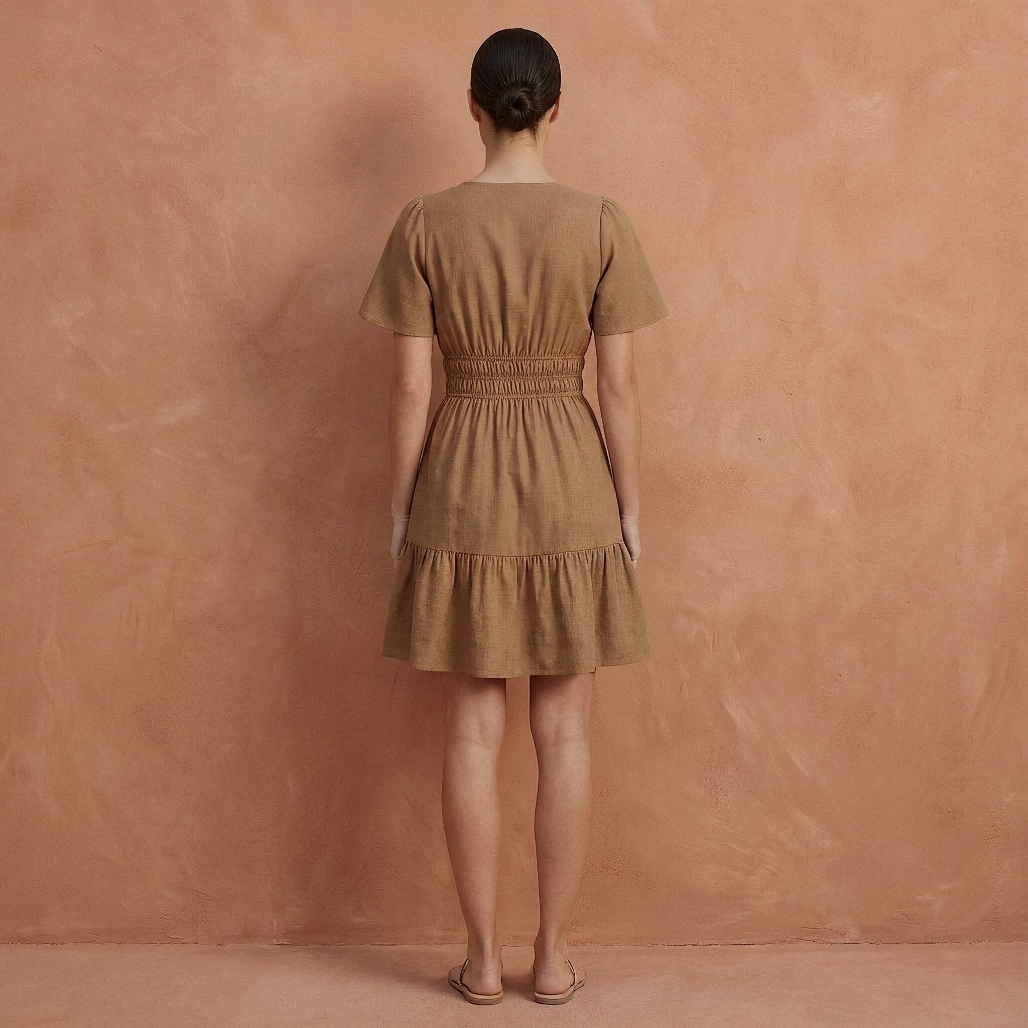 Beige Cotton Elasticated Short Tier Dress