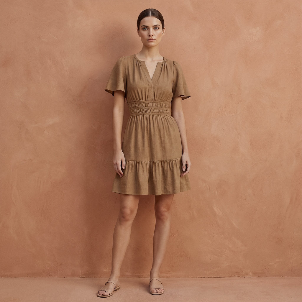 Beige Cotton Elasticated Short Tier Dress