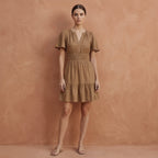 Beige Cotton Elasticated Short Tier Dress