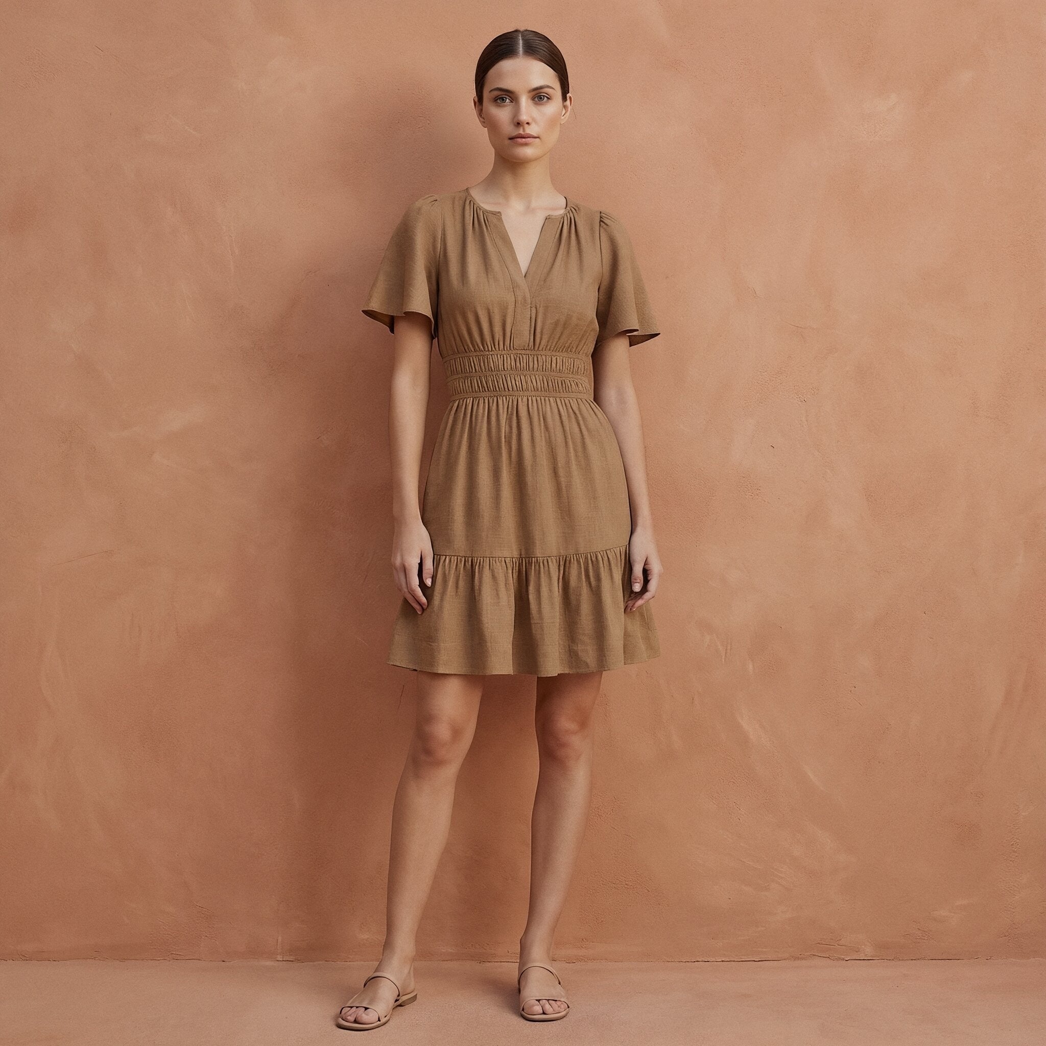 Beige Cotton Elasticated Short Tier Dress
