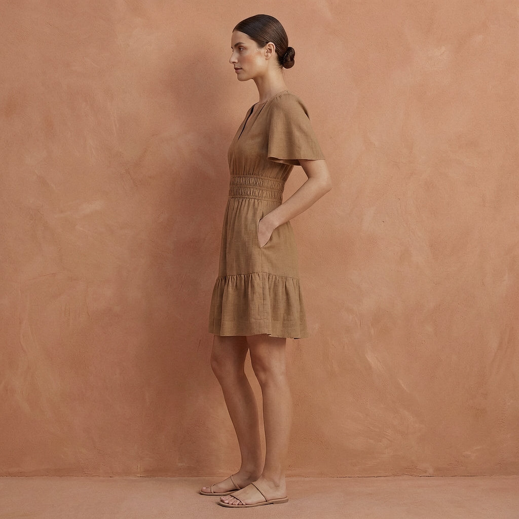 Beige Cotton Elasticated Short Tier Dress