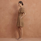 Beige Cotton Elasticated Short Tier Dress