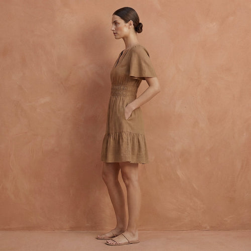 Beige Cotton Elasticated Short Tier Dress