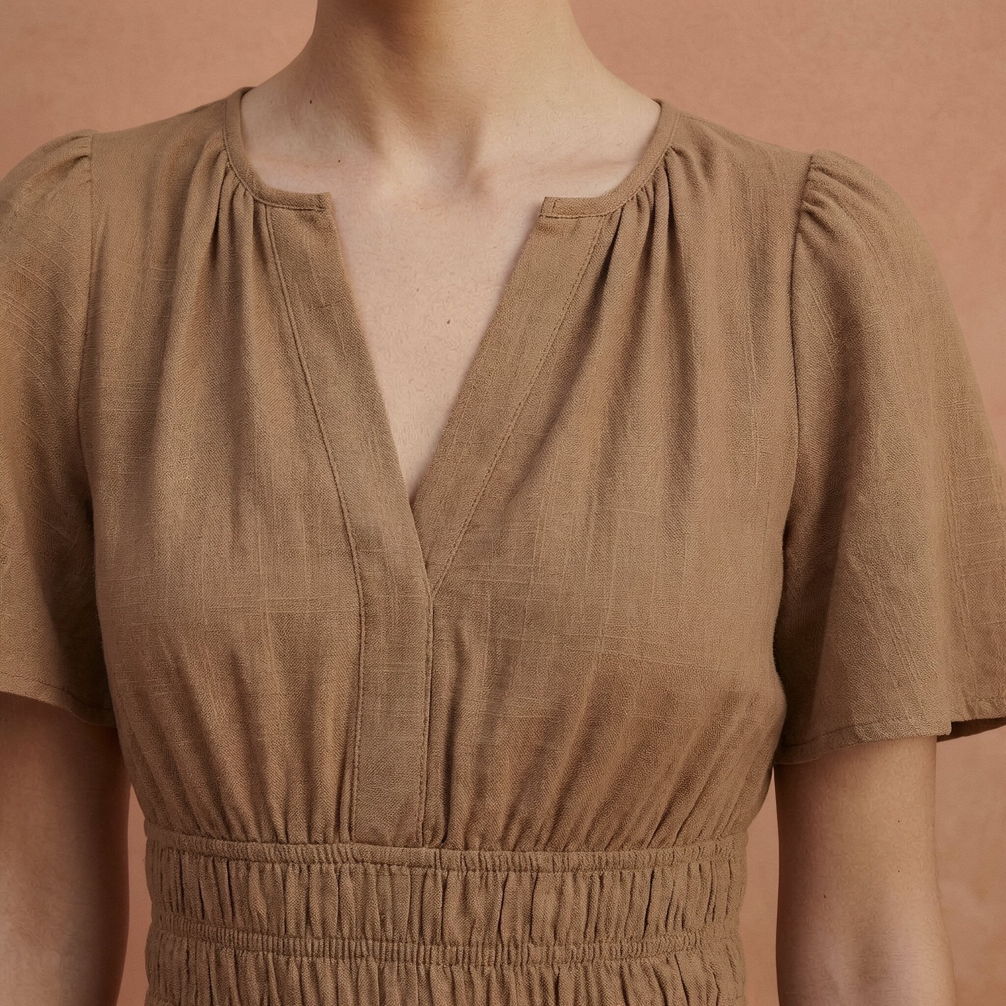 Beige Cotton Elasticated Short Tier Dress