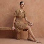 Beige Cotton Elasticated Short Tier Dress