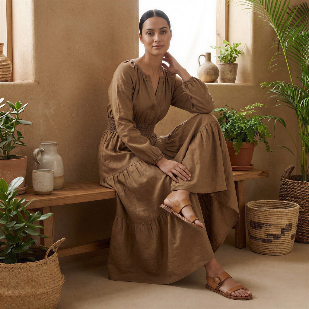 Beige Cotton Fit and Flare Maxi Tier Dress