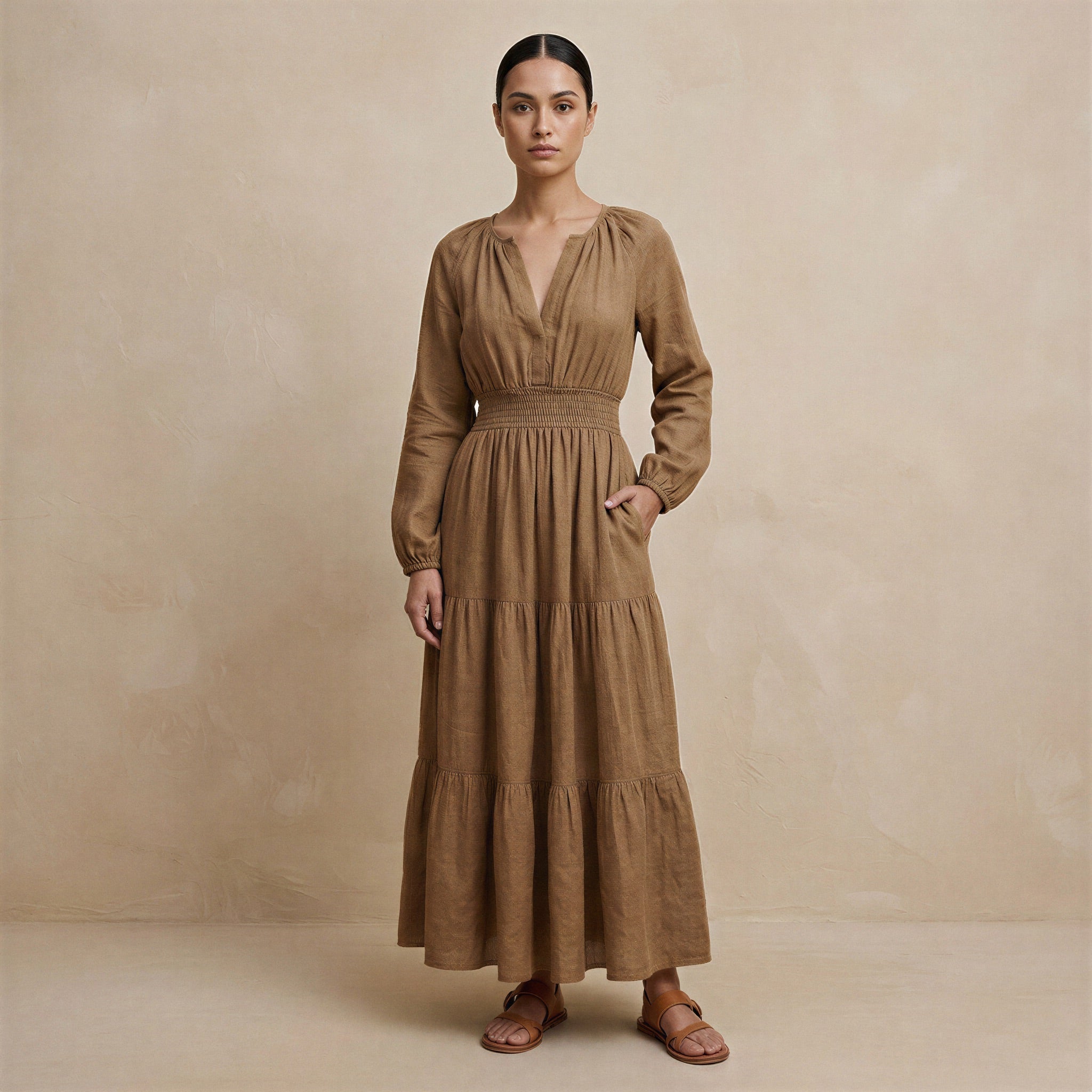 Beige Cotton Fit and Flare Maxi Tier Dress