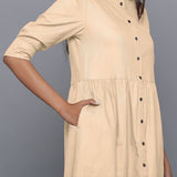 Front Detail of a Model wearing Beige Cotton Flannel Gathered Dress